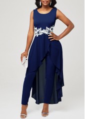 Lace Stitching Faux Two Piece Navy Blue Jumpsuit