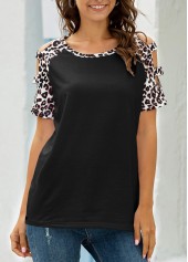 Leopard Ladder Cutout Round Neck Black T Shirt