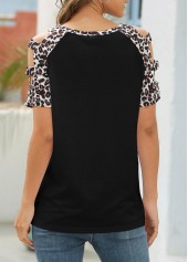 Leopard Ladder Cutout Round Neck Black T Shirt