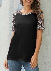 Leopard Ladder Cutout Round Neck Black T Shirt