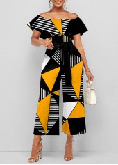 Geometric Print Color Block Belted Off Shoulder Jumpsuit