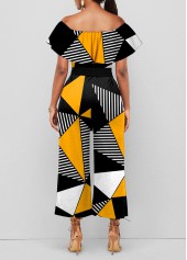 Geometric Print Color Block Belted Off Shoulder Jumpsuit