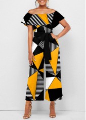 Geometric Print Color Block Belted Off Shoulder Jumpsuit