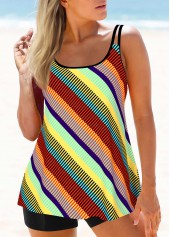 Striped Double Straps Color Block Tankini Set