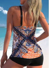 Navy Blue Wide Strap Tribal Print Tankini Set