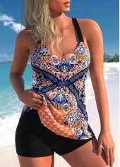 Navy Blue Wide Strap Tribal Print Tankini Set