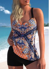 Navy Blue Wide Strap Tribal Print Tankini Set