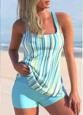 Stripe Print Cyan Wide Strap Tankini Set