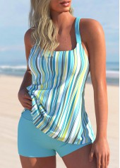 Stripe Print Cyan Wide Strap Tankini Set