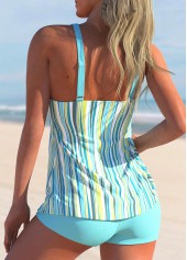 Stripe Print Cyan Wide Strap Tankini Set