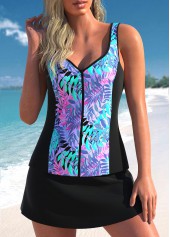 Tropical Print Cyan Zipper Closure Tankini Set