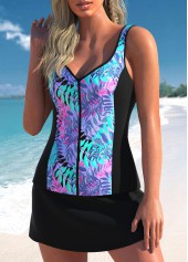 Tropical Print Cyan Zipper Closure Tankini Set
