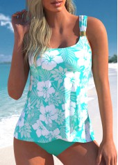 Cyan Floral Print Plus Size Crossover Hem Tankini Set