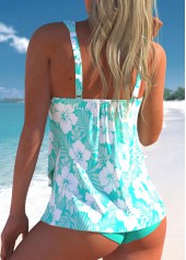 Cyan Floral Print Plus Size Crossover Hem Tankini Set