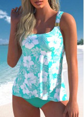 Cyan Floral Print Plus Size Crossover Hem Tankini Set