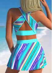 High Waisted Cyan Stripe Print Bikini Set