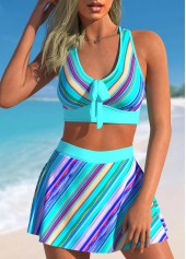 High Waisted Cyan Stripe Print Bikini Set