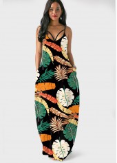 Spaghetti Strap Double Side Pocket Leaf Print Dress