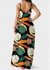 Spaghetti Strap Double Side Pocket Leaf Print Dress