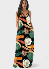 Spaghetti Strap Double Side Pocket Leaf Print Dress