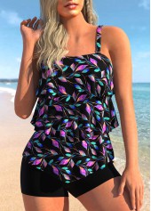 Black Layered Ruffle Hem Leaf Print Tankini Set