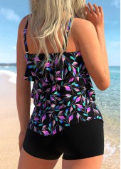 Black Layered Ruffle Hem Leaf Print Tankini Set