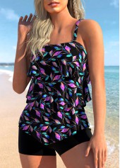 Black Layered Ruffle Hem Leaf Print Tankini Set