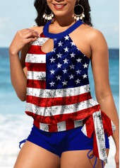 Bib Neck American Flag Print Cutout Tankini Set
