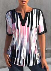 Split Neck Color Block Striped T Shirt
