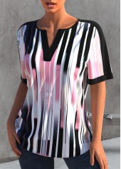 Split Neck Color Block Striped T Shirt