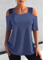 Cold Shoulder Dusty Blue Glitter Fabric T Shirt