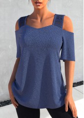Cold Shoulder Dusty Blue Glitter Fabric T Shirt