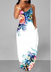 White Floral Print Spaghetti Strap Dress