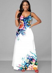 White Floral Print Spaghetti Strap Dress
