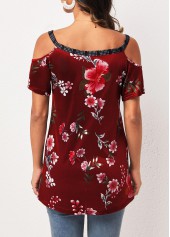 Wine Red Strappy Cold Shoulder Floral Print T Shirt