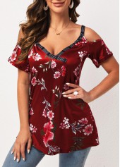 Wine Red Strappy Cold Shoulder Floral Print T Shirt