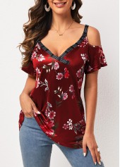 Wine Red Strappy Cold Shoulder Floral Print T Shirt