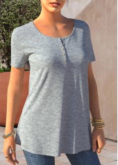 Button Detail Short Sleeve Grey Marl T Shirt