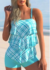 Plaid Asymmetric Hem Cyan Tankini Set