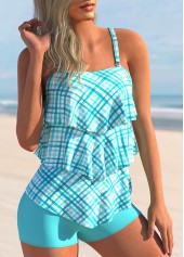 Plaid Asymmetric Hem Cyan Tankini Set