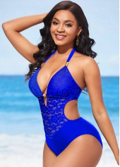 Cutout Royal Blue Lace Stitching One Piece Swimwear