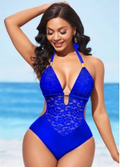 Cutout Royal Blue Lace Stitching One Piece Swimwear