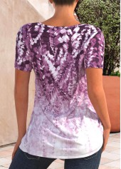 Light Purple Decorative Button Floral Print T Shirt