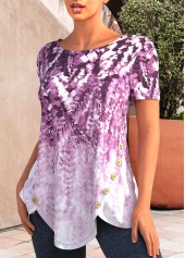 Light Purple Decorative Button Floral Print T Shirt