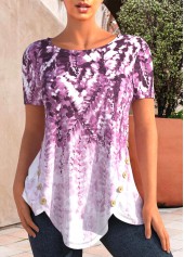 Light Purple Decorative Button Floral Print T Shirt