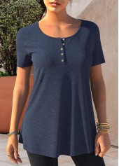 Button Detail Short Sleeve Navy Blue T Shirt