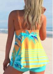 Coral Orange Coconut Tree Print Contrast Tankini Set