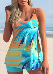Coral Orange Coconut Tree Print Contrast Tankini Set