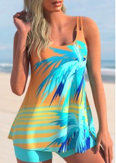 Coral Orange Coconut Tree Print Contrast Tankini Set