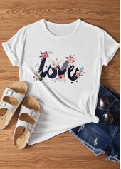 Letter Print Short Sleeve White Round Neck T Shirt